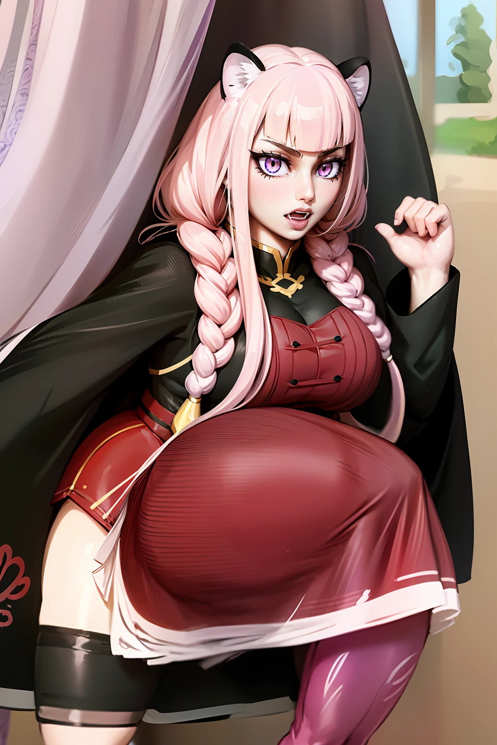 tiger ears, tiger tails, martial art, medium chest, pink hair, skirt, jacket, godess,1girl,coat,standing,, solo focus.1character,,refsheet, character focus, 1character,fangs, cloused mouth,pink hair, green eyes, chinese dress, tomboy,shoes, full body, martial pose karate, kemono mimi, solo focus,