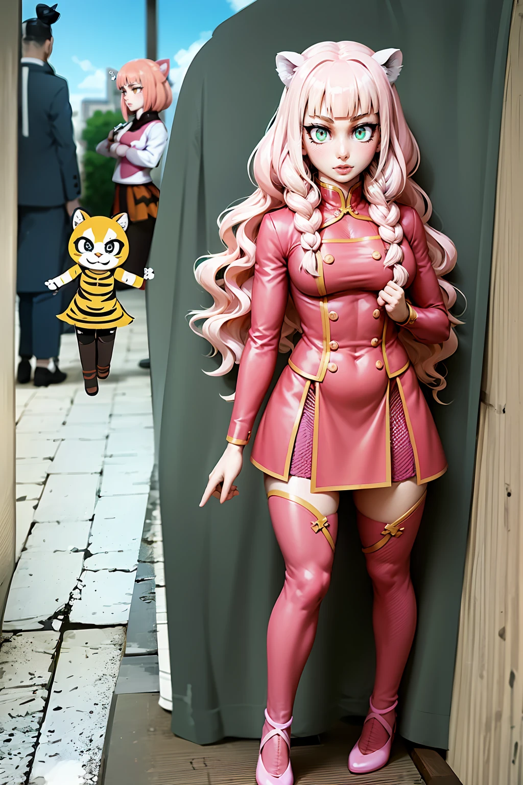 tiger ears, tiger tails, martial art, medium chest, pink hair, skirt, jacket, godess,1girl,coat,standing,, solo focus.1character,,refsheet, character focus, 1character,fangs, cloused mouth,pink hair, green eyes, chinese dress, tomboy,shoes, full body, martial pose karate, kemono mimi, solo focus,