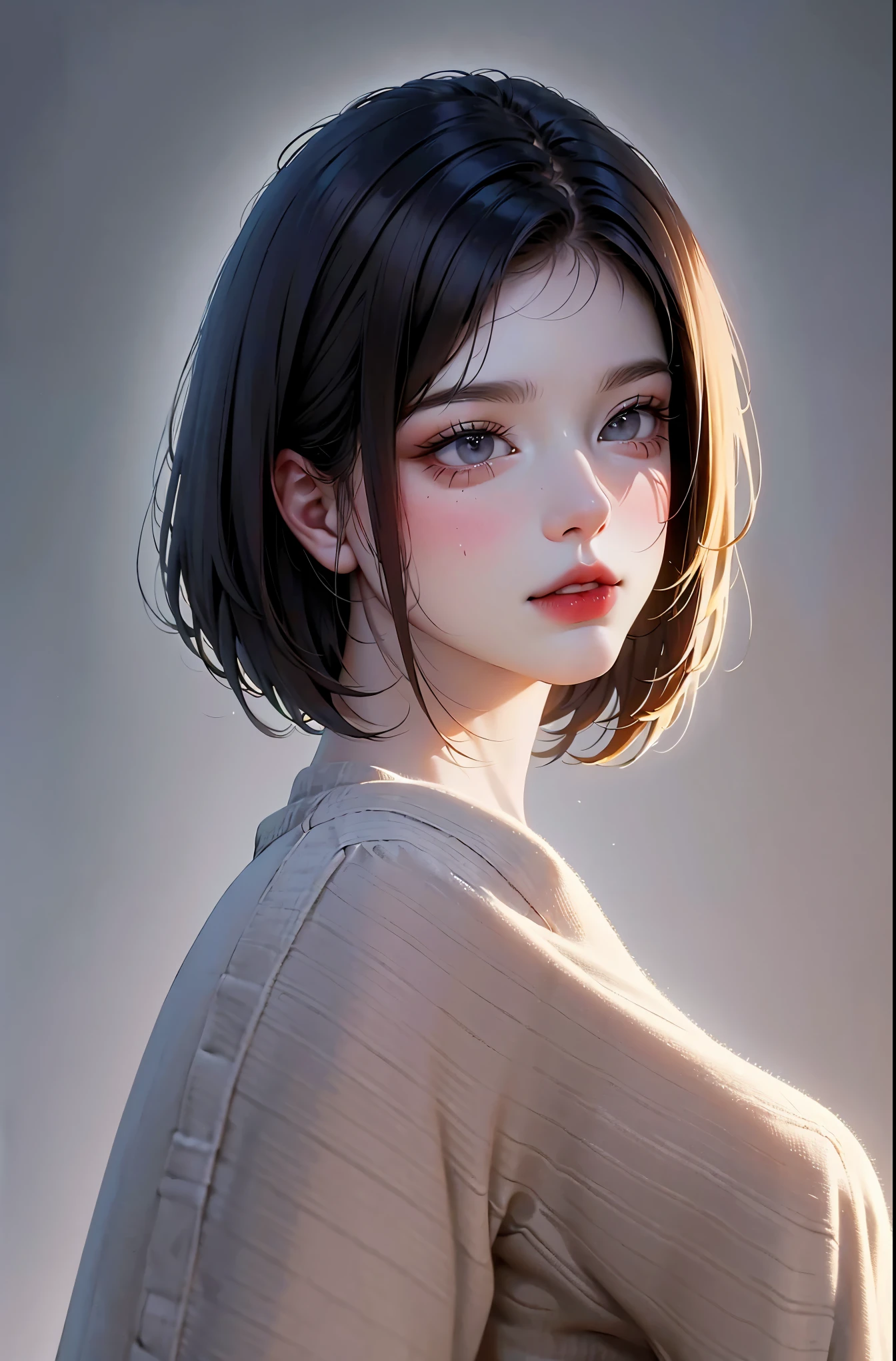 masterpiece, best quality, (dark photo:1.3), photorealistic, 1girl, flat bangs, stunning innocent symmetry face, shirt, emotional, ulzzang, (PureErosFace_V1:0.7)