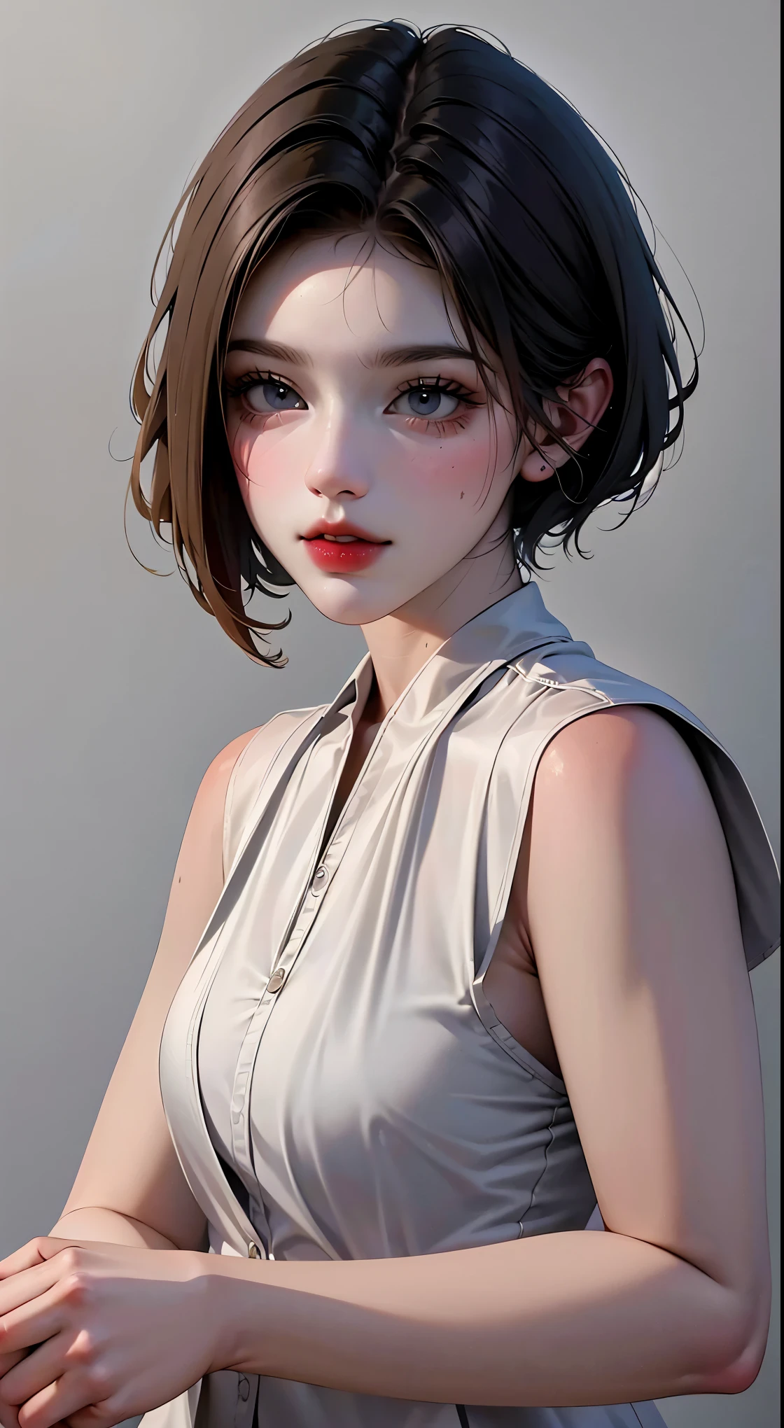 (Representative works: 1.3), (8K, realistic, RAW photo, best image quality: 1.4), (30 year old mature woman),small face, beautiful face, (realistic face),no makeup、natural makeup、light makeup、 (Dark brown, short hair: 1.3), beautiful hairstyle, realistic eyes, detailed and beautiful eyes, (realistic肌), beautiful skin, (sweater),、Bust A cup、 confused, charm, 超High resolution, Super realistic, High resolution, golden ratio, ff tifa、gray background、