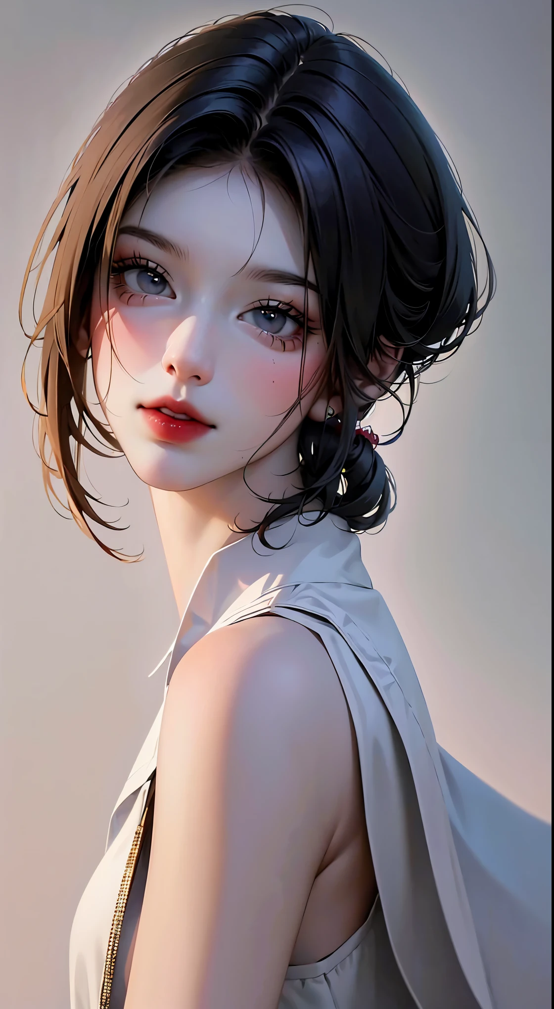 (Representative works: 1.3), (8K, realistic, RAW photo, best image quality: 1.4), (30 year old mature woman),small face, beautiful face, (realistic face),no makeup、natural makeup、light makeup、 (Dark brown, short hair: 1.3), beautiful hairstyle, realistic eyes, detailed and beautiful eyes, (realistic肌), beautiful skin, (sweater),、Bust A cup、 confused, charm, 超High resolution, Super realistic, High resolution, golden ratio, ff tifa、gray background、
