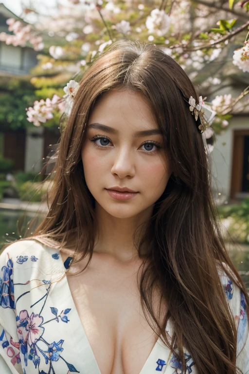 (best quality,4k,highres,masterpiece:1.2),ultra-detailed,realistic:1.37,a young woman with long wavy hair,beautiful detailed eyes,beautiful detailed lips,extremely detailed eyes and face,long eyelashes,[Japanese],[American],seen from the front headshot,zoom in on the head,blonde hair, porcelain skin,fair complexion,slight smile,vibrant blue eyes,natural and effortless makeup,nose ring,delicate facial features,elegant posture,soft and flowing locks of hair,colorful cherry blossom hairpin;kimono-inspired outfit with modern twist,geometric patterns and vibrant colors,fine floral embroidery,her kimono draping gracefully,accessorized with delicate string of pearls around her neck;lush garden in the background,Japanese maple trees with vibrant autumn leaves,stunning reflection of the woman in a tranquil koi pond,soft natural lighting casting a gentle glow on her face and surroundings,subtle wind blowing her hair and the cherry blossoms,creating a sense of grace and serenity.