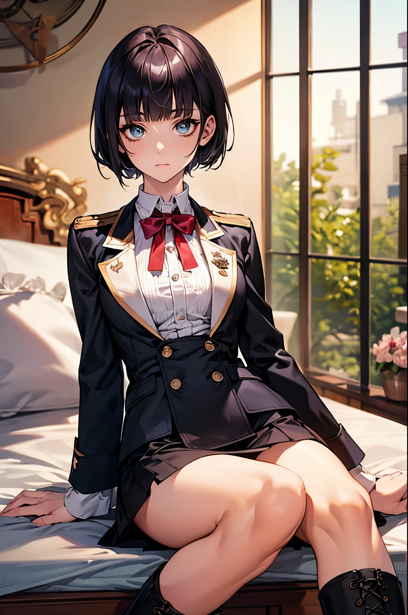 ,((perfect anatomy:1.2,realistic:1.3,RAW Photography:1.3,masterpiece、highest quality、Ultra - High resolution、High resolution、Highly detailed CG、8K)),cowboy shot,1 female,solo,18 year old beauty, Japanese、((beautiful detailed face and eyes:1.2,big gorgeous eyes:1.2)),dark purple hair,short bob cut hair,blunt bangs,medium breasts,slender body,small head:1.3,skinny,(oily skin,gleaming skin,shiny skin),sitting,taisho steampunkファッション、black military uniform、Stand-up collar jacket、tight mini skirt、bare legs、combat boots,soldier、Bedroom、simple bed、taisho steampunk、
