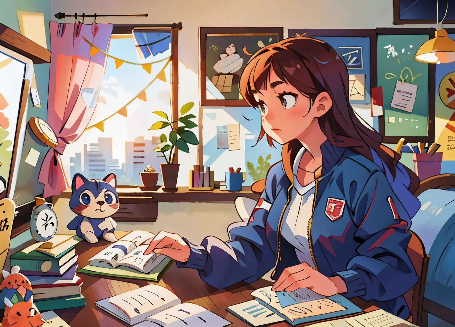 a high school girl sitting by the window, studying, with a cute cat sitting on the desk next to her, high quality