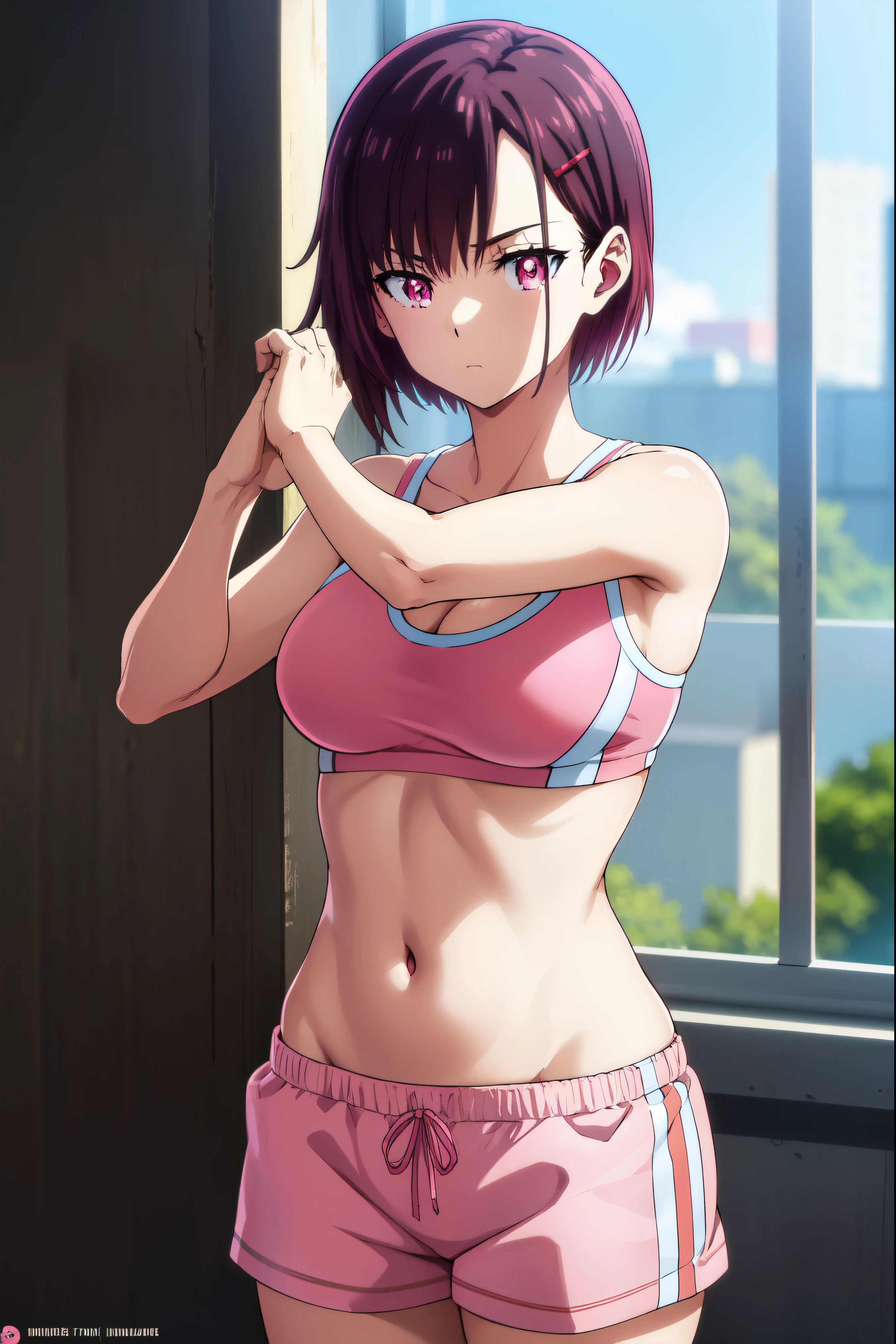 Shizuka Mikazuki, Mikazuki Shizuka, short hair, purple hair, hair accessories, hairpin, (pink eyes:1.5), Scan your bangs,
rest navel, Good at sports, sportswear, shorts, pink shorts,
rest looking at viewer,
rest outdoors,
rest (masterpiece:1.2), best quality, High resolution, unified 8k wallpaper, (illustration:0.8), (Beautiful and delicate eyes:1.6), extremely detailed face, perfect lighting, Extremely detailed CG, (perfect hands, perfect anatomy),