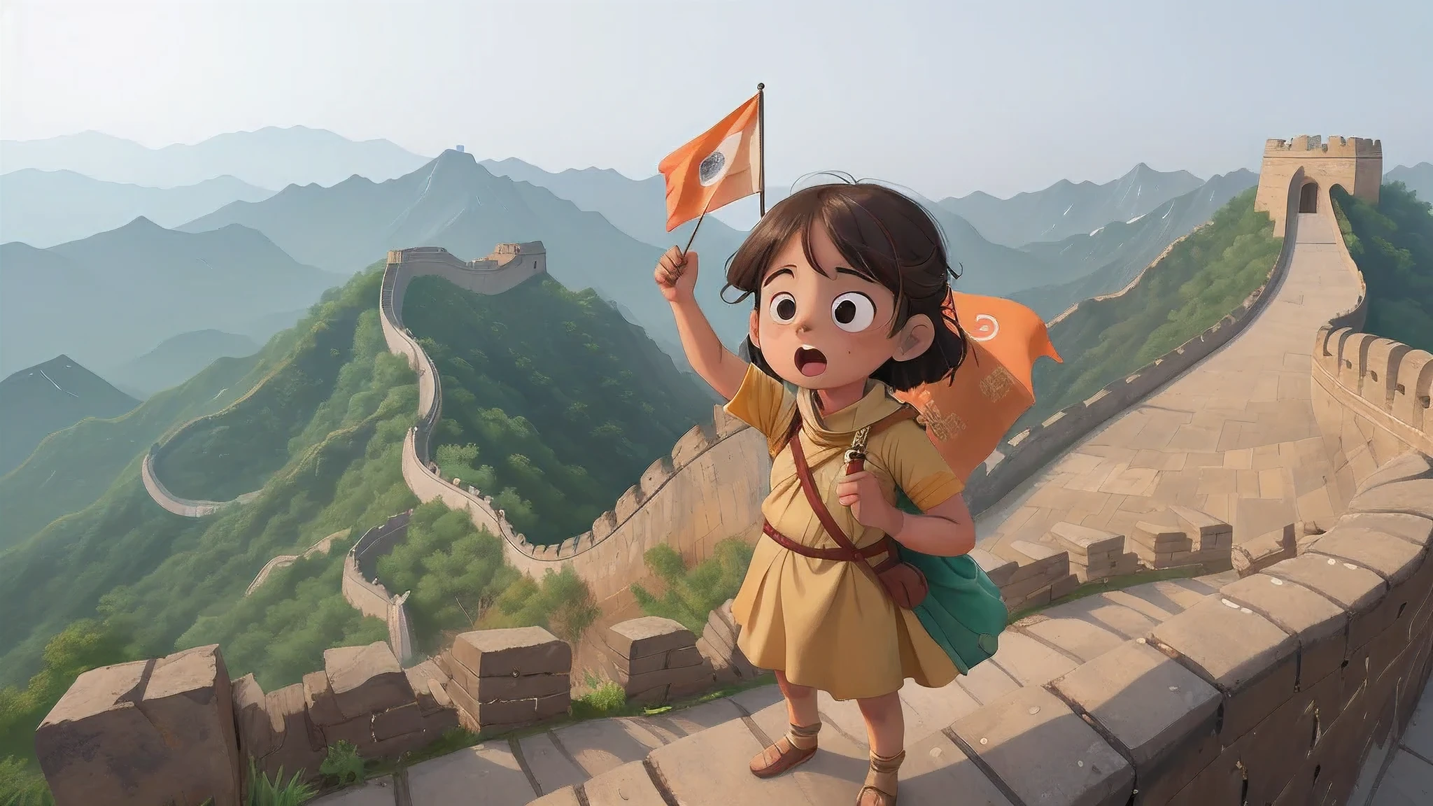 Picture of great Wall in animated type 3d image with high quality and one girl are shocked type reaction and on the wall label of India with Indian flag , this adventure type image , picture of great Wall Mysterious with high quality frame and one girl shocked in the image label Indian flag  background in mysterious great Wall high level tall wall and in the wall are mysterious stones and many more stones with Indian flag Indian flag is flying near the girl 