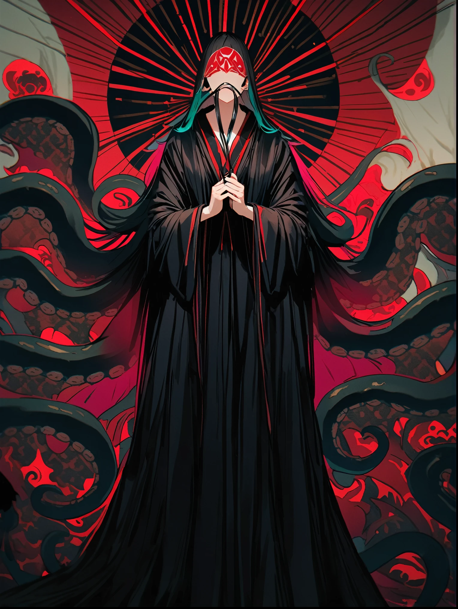 8K resolution, ((highest quality)), ((masterpiece)), ((super detailed)), (非常に繊細で美New), woman, black hair, long hair, black eyes, 美New, black robe, black tentacles, cthulhugod話, cthulhu, dark atmosphere, 悍まNew雰囲気, disaster々New雰囲気, god々New, whole body