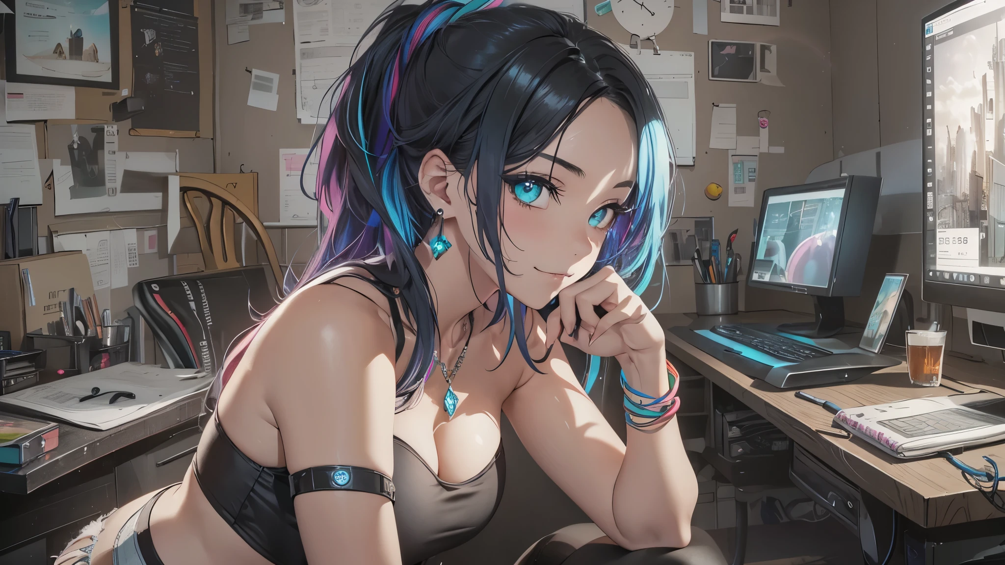 highest quality, Best image quality, girl, 20 years old, medium bust, plump breasts, sparkling amber eyes, aqua eyes, eye reflection, long upper lashes, (((rainbow hair))), long messy hair, Wavy, Top ponytail, ((Black sexy strapless short tube top)), leather jacket, (white denim hot pants), ((Black thigh socks)), Smile, glowing headphones, Diamond earrings, wristband, necklace, ring, ((squat on the chair)), in front of a computer, Playing video games, Leaning forward, Open one shoulder, elated, naughty face, Look at the computer, light blush, beautiful art, background((Hacker Room, Server room, neon lights, braces, notebook)), flight, Debris flying, writing border depth, Movie, visual art, Perfect art, real, Verism, anime style, glowing light, cinematic lighting, chiaroscuro, ray tracing, 8K, masterpiece, super textured skin, super detail face, perfect face, Super fine facial details, beautiful and delicate eyes, perfect eyes, correct limbs, correct figner, super detail figner, best hair quality, best clothing quality, best prop quality
