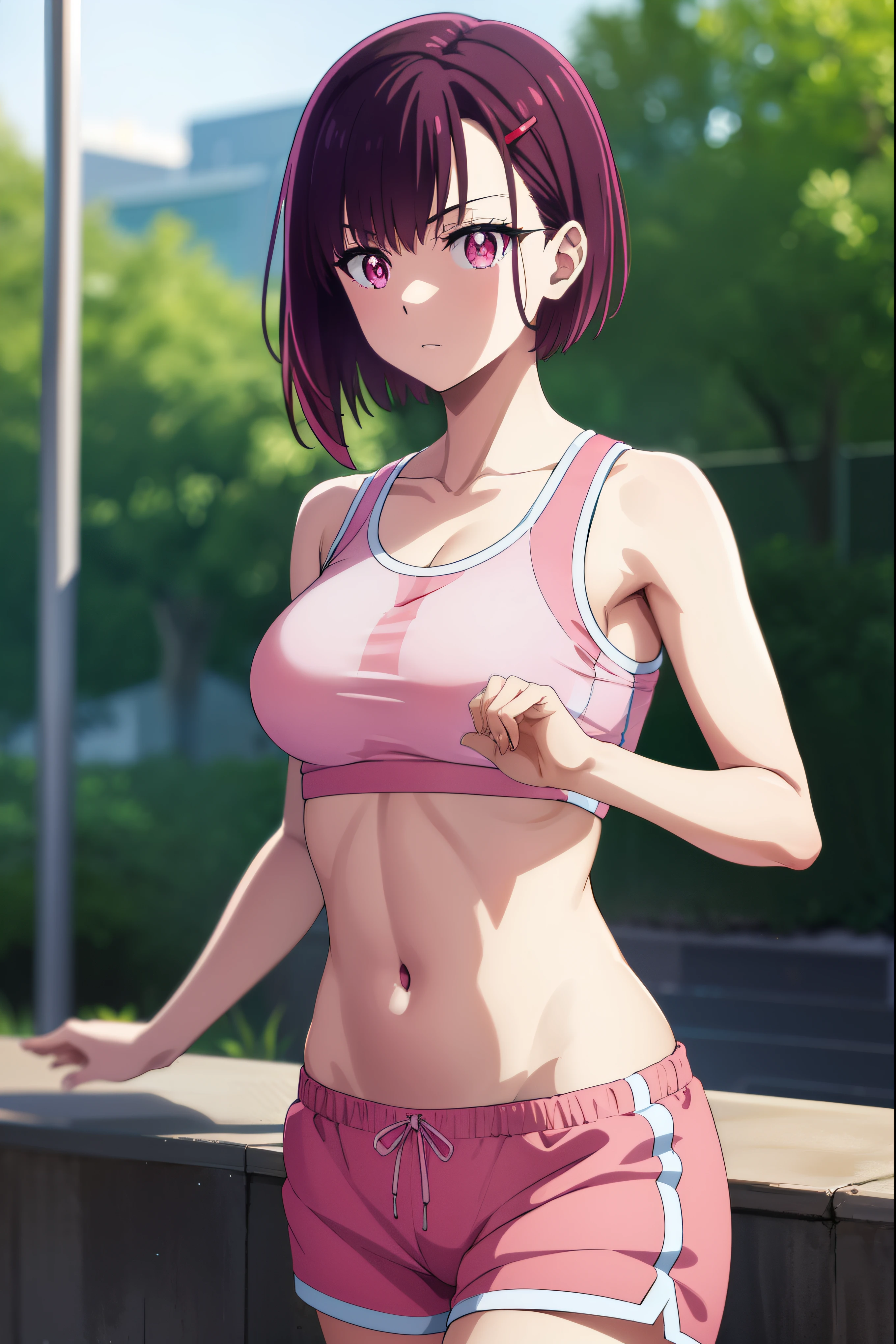 Shizuka Mikazuki, Mikazuki Shizuka, short hair, purple hair, hair accessories, hairpin, (pink eyes:1.5), Scan your bangs,
rest navel, Good at sports, sportswear, shorts, pink shorts,
rest looking at viewer,
rest outdoors,
rest (masterpiece:1.2), best quality, High resolution, unified 8k wallpaper, (illustration:0.8), (Beautiful and delicate eyes:1.6), extremely detailed face, perfect lighting, Extremely detailed CG, (perfect hands, perfect anatomy),