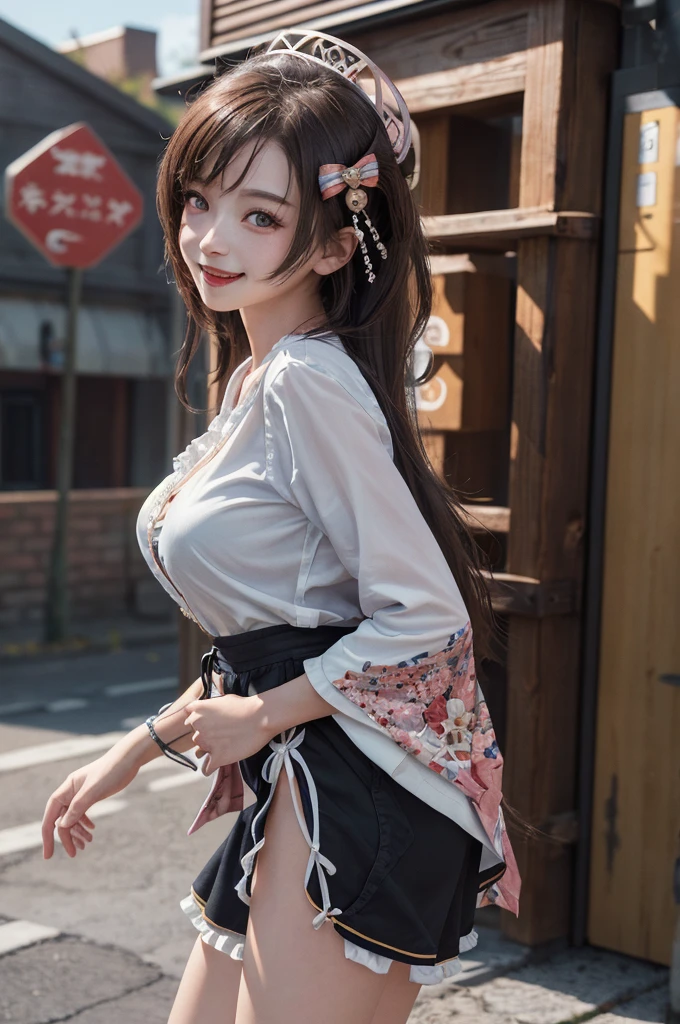 (masterpiece:1.2), (photorealistic:1.2), (best quality),((realistic:1.3)), (detailed skin:1.3), (intricate details), dramatic, ray tracing,finely detailed, quality,realistic lighting,huge breasts,1girl,shizukodef,cowboy shot,smile,looking at viewer,(outdoors,dynamic pose) 