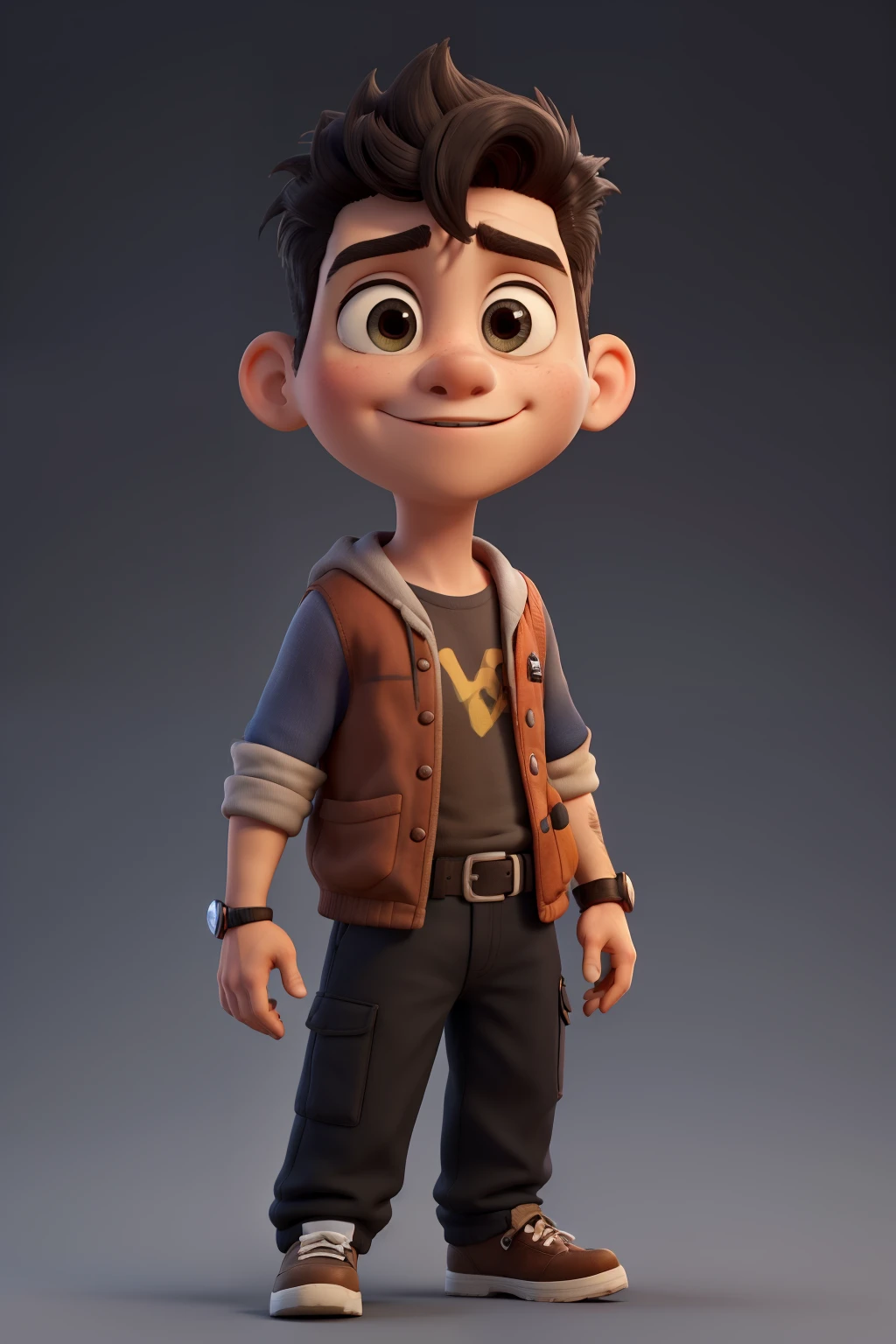 a 3D portrait featuring a 13-year-old guide, un hombre de juego, un personaje de dibujos animados, una poleron negra, un cabello negro oscuro V-Fade Englobado, con los brazos cruzados, solid white background, estilo de renderizado pixar, v52, s50, estilo crudo, iw075, anteojos