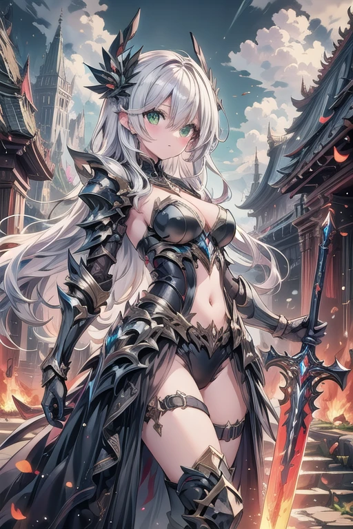 ((Finest quality)),(超A high resolution),(ultra-detailliert),((Best Anime)),sharpnes,clear,Fantasy art with astounding depictions,Emitted light:1.5,Dynamic poses:1.5,Explosive 1, (Female Swordsman),(Invincible smile:1.1), (Broadsword with a blade of flame:1.3),Slim body,thighs thighs thighs thighs,She wears an aura