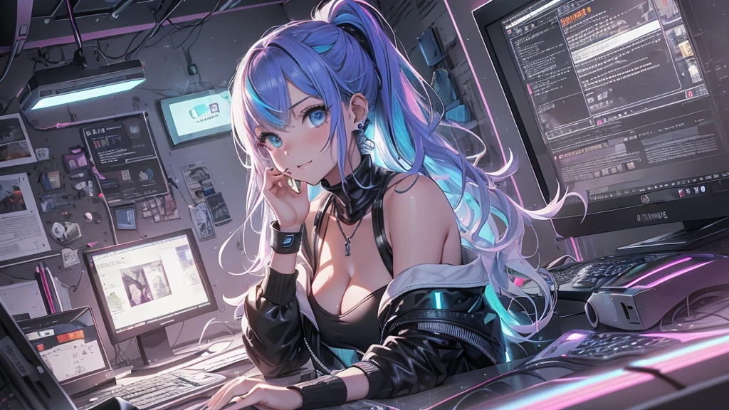 highest quality, Best image quality, girl, 20 years old, medium bust, plump breasts, sparkling amber eyes, aqua eyes, eye reflection, long upper lashes, (((rainbow hair))), long messy hair, Wavy, Top ponytail, ((Black sexy strapless short tube top)), leather jacket, (white denim hot pants), ((Black thigh socks)), Smile, glowing headphones, Diamond earrings, wristband, necklace, ring, ((squat on the chair)), in front of a computer, Playing video games, Leaning forward, Open one shoulder, elated, mouth biting bread, Look at the computer, light blush, beautiful art, background((Hacker Room, Server room, neon lights, braces, notebook)), flight, Debris flying, writing border depth, Movie, visual art, Perfect art, real, Verism, anime style, glowing light, cinematic lighting, chiaroscuro, ray tracing, 8K, masterpiece, super textured skin, super detail face, perfect face, Super fine facial details, beautiful and delicate eyes, perfect eyes, correct limbs, correct figner, super detail figner, best hair quality, best clothing quality, best prop quality