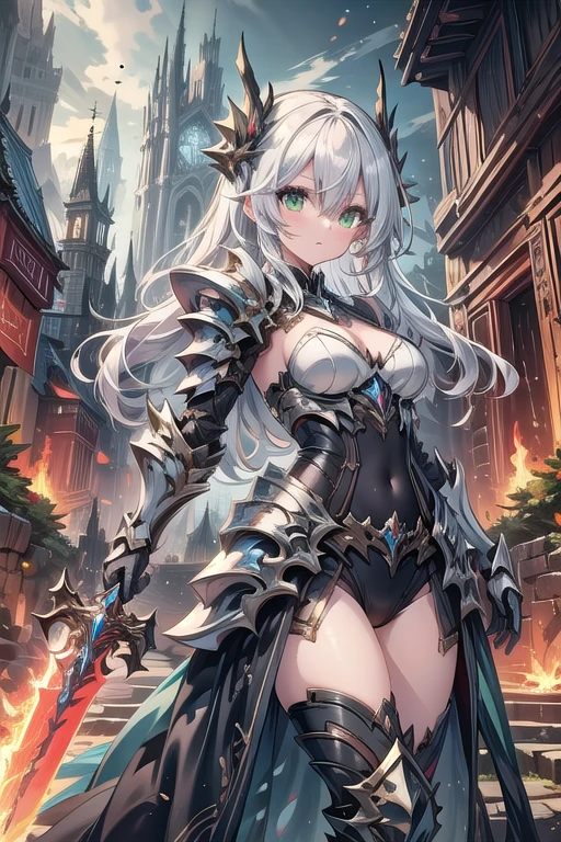 1girl, solo, masterpiece, scenery, white hair, hair between eyes, green eyes, long hair, medium breasts, armored, hailoknight, holding flaming sword,holding sword
