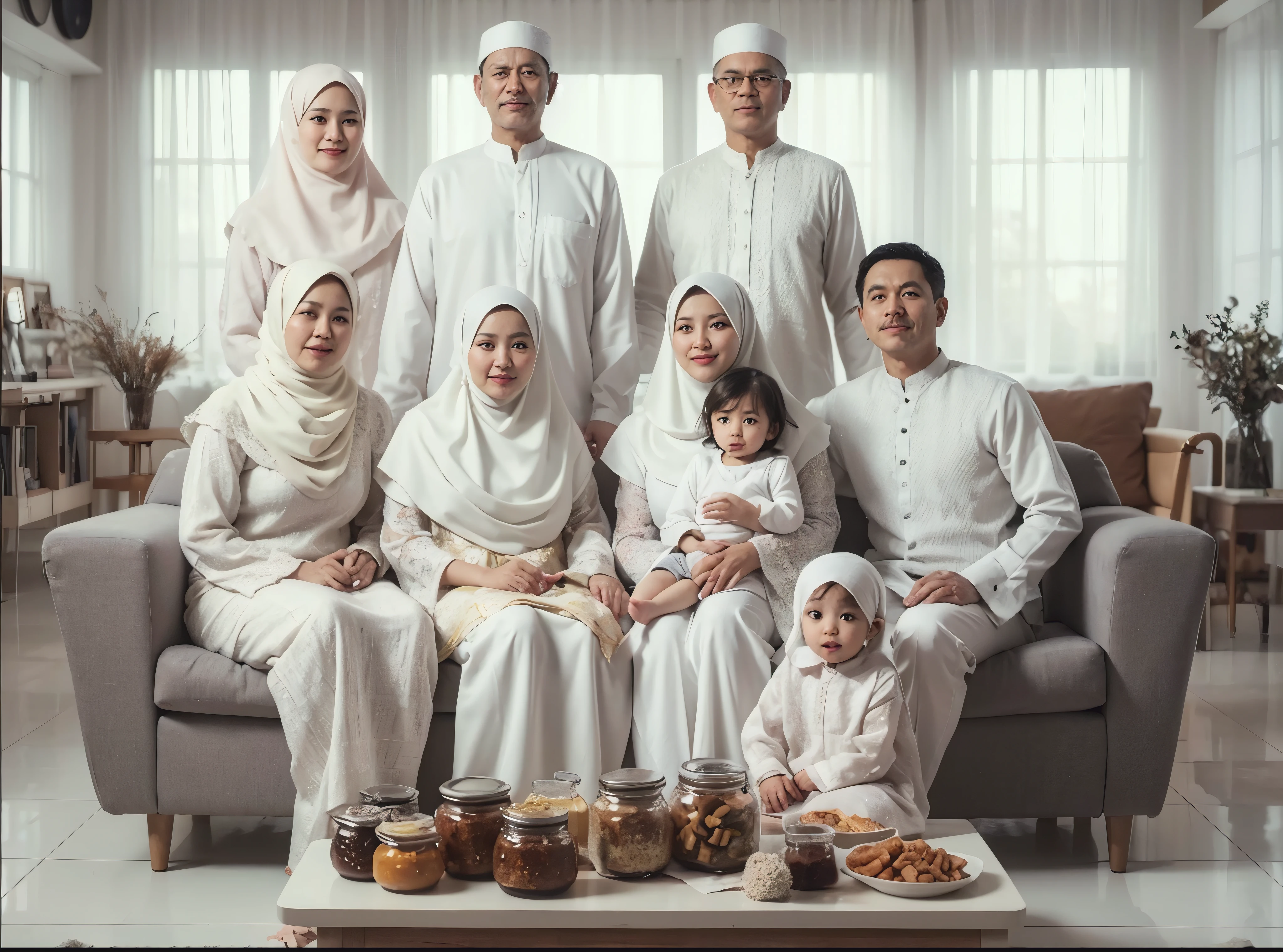Family photo in Indonesia, 9 members. 3 men aged 50 and 35 standing, four women sitting on the sofa, holding a 2-year-old girl, and a 6-year-old girl sitting cross-legged in front, all wearing coordinated white BATIK Muslim clothes and long white sharia hijab dresses, bright living room, with a table with several jars of dry snacks, daylight, realistic, Ultra Detail, UHD, 16K