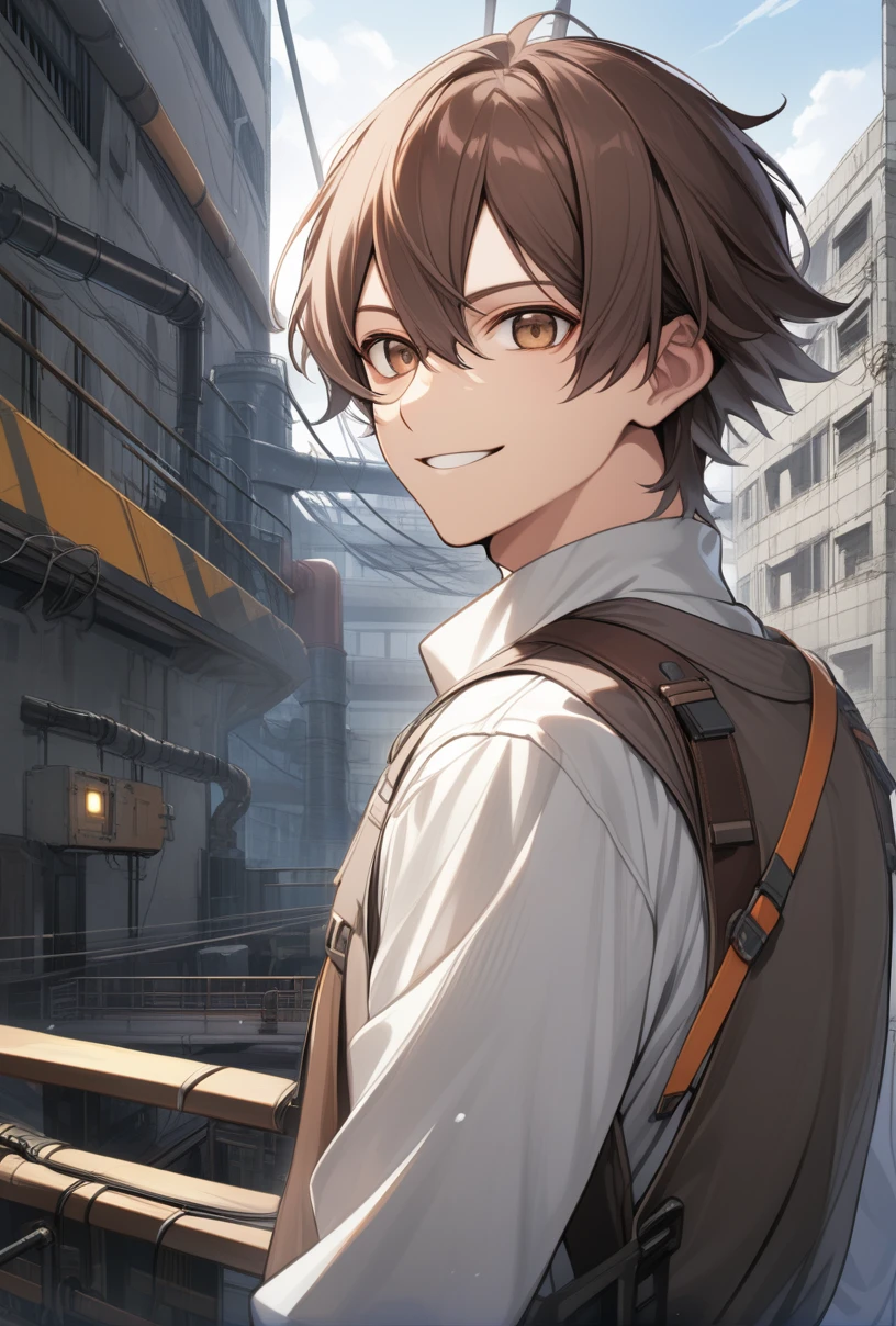 1 male, mechanical, smile, cable, medium hair, brown eyes, brown hair, Upper body, industrial, outdoor, building, shining eyes, from behind, masterpiece, highest quality,