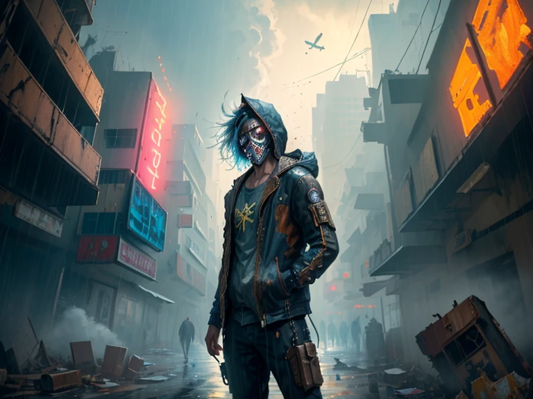 ((best quality)), ((masterpiece)), (detailed), 1 male, hoodie, steampunk jacket, cyberpunk jacket, painting mask, rainy, cinematic, abandoned city, destruction city, dissapear, black rainy, standing, dslr, hyperrealistic, 8k, hdr, top view, movie scene, movie, after nuclear, fish eye, half tone colour, building debris, 