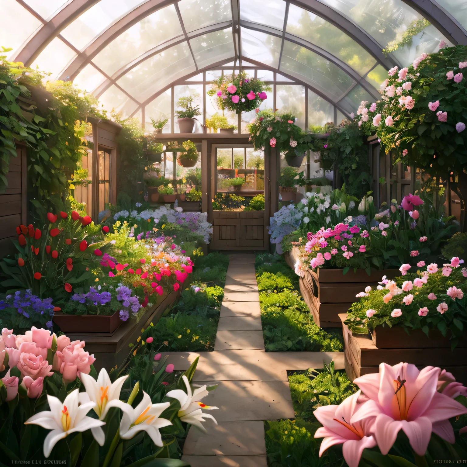 A beautiful garden surrounded by a wooden wall, with a greenhouse in the background. Multicolored flowers, Lilies, Roses, Tulipsm, volumetric light, hyper realistic, intricate detail, illustration, painting, watercolor, Shallow depth of field, pastel color palette, Soft Lighting, Minimalistic, Modern, Digital painting, art by lois van baarle and ross tran and artgerm, Trending on Artstation HQ, highly detailed . shallow depth of field, vignette, highly detailed, high budget, bokeh, cinemascope, moody, epic, gorgeous, film grain, grainy
