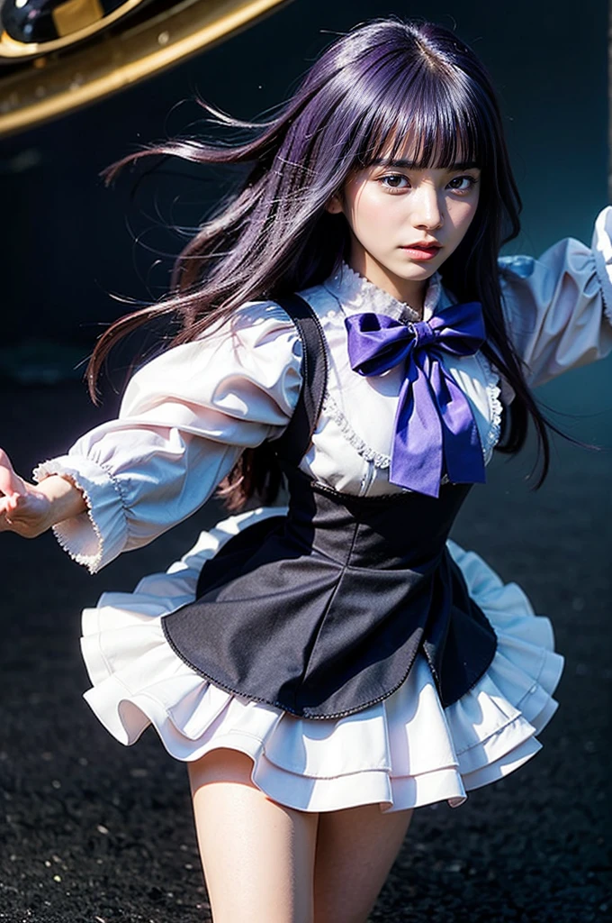 masterpiece,best quality,1girl,frederica bernkastel,purple hair,cat tail,tail bow,purple eyes,tail ornament,dress,bowtie,socks,expressionless,outstretched arms,outer space,surrounded by floating crystal,cowboy shot, perfect body