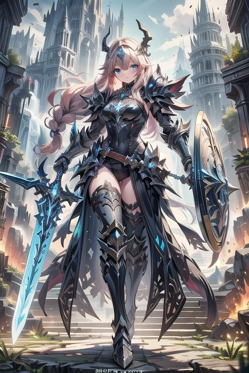 Photorealistic image ((Masterpiece)), ((high quality)) UHD 8K, of a real (Viking goddess, Hilda), strong, ((slim body)), ((tall model)), ((skinny waist)), full body , ((long ginger hair with braids)), (blue eyes), (((helmet))), (((hyper-realistic black fantasy full black armor, with intricate details))), (((giant blue fantasy sword))), (((fantastic round viking shield))), ((long cloak of skin)), (in guardian position, in Valhalla), realistic photography, natural lighting, professional DSLR camera, mecha, robot,