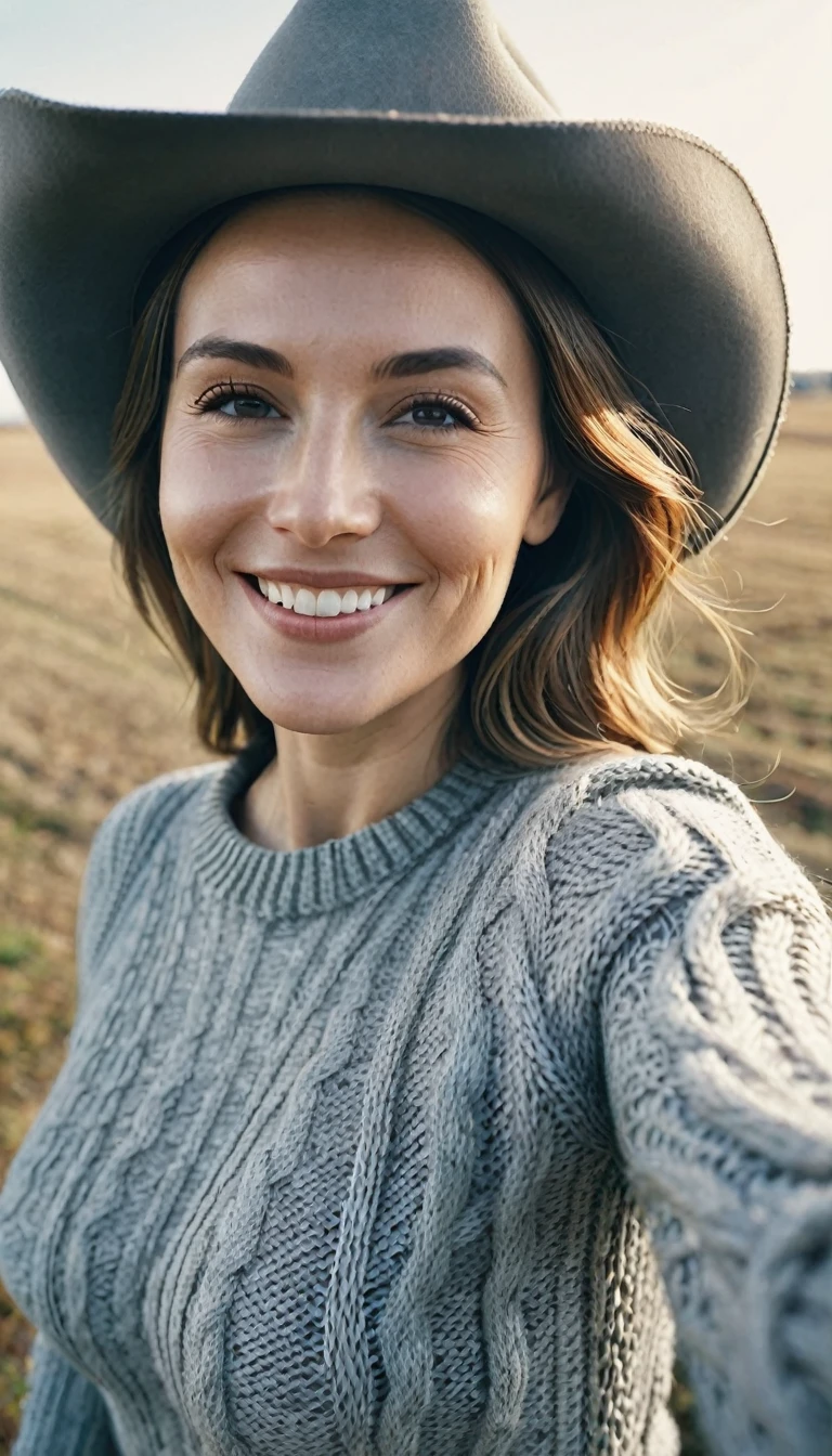 (RAW style, masterpiece, best quality, ultra-detailed), 35 year old woman posing outdoors, rural landscape, (selfie:1.2) wearing cowboy hat, grey cable knitted sweater, medium-sized breasts, cheerful, happy (smiling), clear sky, analog style, (skin texture, film grain), cinematic light, sidelighting, ultra high res