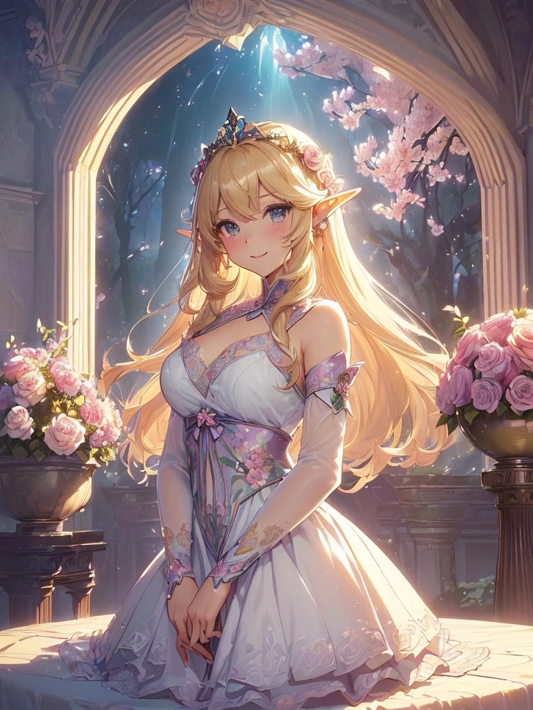 (absurdres, highres, ultra detailed, HDR) master piece, best quality, perfect face, Princess Zelda, blond hair, expressive blue eyes, The legend of zelda, dress, woman, extremely beautiful, glass pink flowers, glass pink petals, glass pink butterflies, glass garden, glass blossoms, everything made with glass