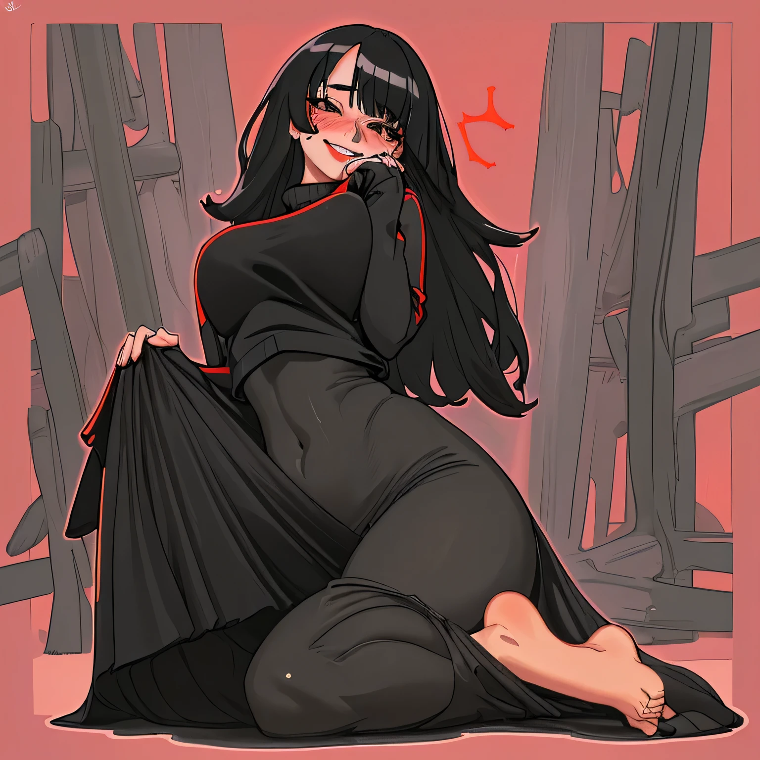 Anime girl, love sign , full body, bed, black stocking, big breast, open breast, tight skirt , black skirt, black tank top, red jacket, open jacket , embarrased face, Sucking dick