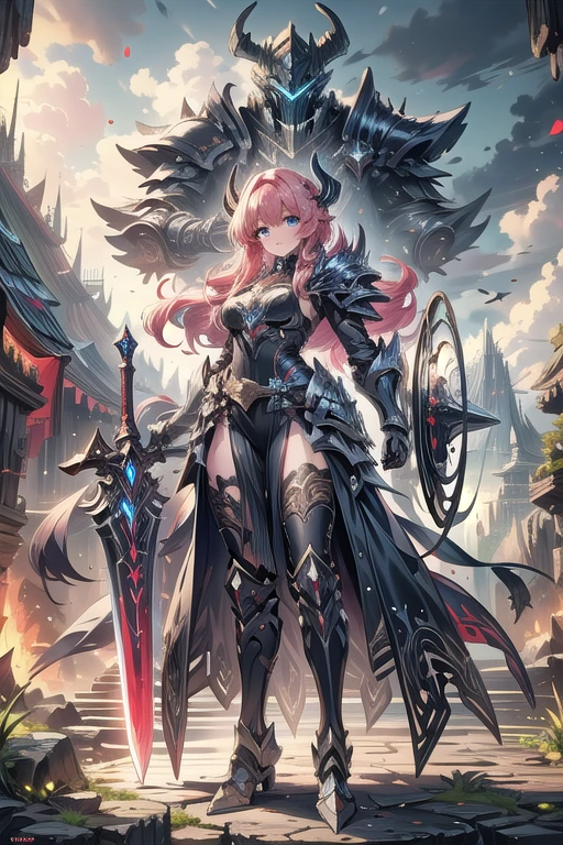 Photorealistic image ((Masterpiece)), ((high quality)) UHD 8K, of a real (Viking goddess, Hilda), strong, ((slim body)), ((tall model)), ((skinny waist)), full body , ((long ginger hair with braids)), (blue eyes), (((helmet))), (((hyper-realistic black fantasy full black armor, with intricate details))), (((giant blue fantasy sword))), (((fantastic round viking shield))), ((long cloak of skin)), (in guardian position, in Valhalla), realistic photography, natural lighting, professional DSLR camera, mecha, robot,
