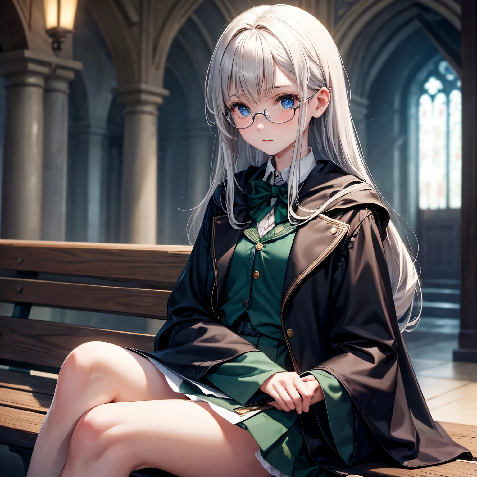 a girl from the Slytherin faculty, with straight black hair and blue eyes in gray thin semicircular glasses and an oval, almost round face, is sitting on a bench in the Hogwarts corridor and Draco Malfoy is sitting next to the girl and hugging her shoulders. Draco is tall and thin, with smooth blond hair, a pointed face, cold gray eyes, pale skin, delicate facial features and a pointed nose