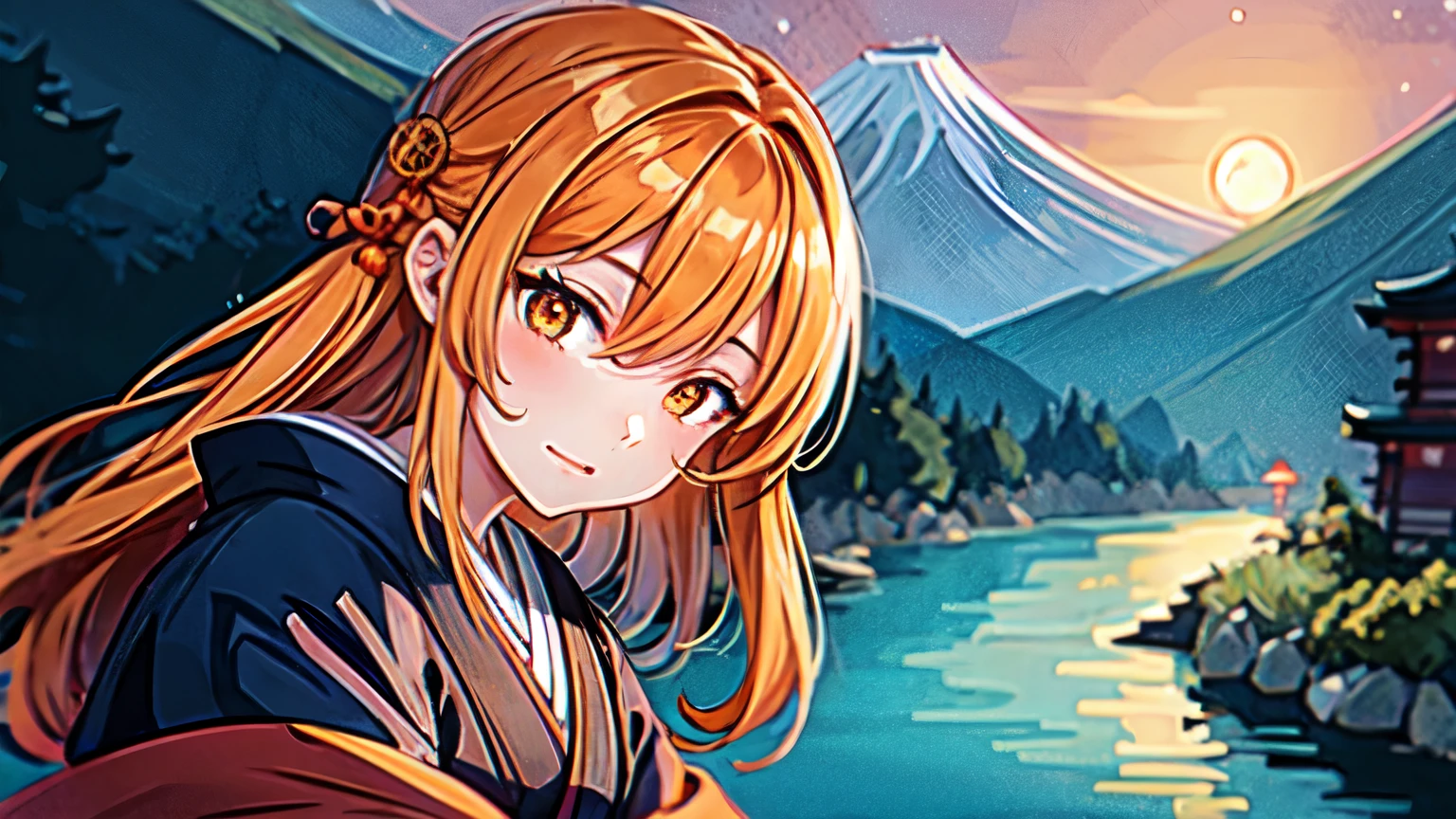 1 girl,orange hair, (sketch:1.2),High definition, (midnight:1.4),Dozing off,(Japanese style:1.4)Mountain,river