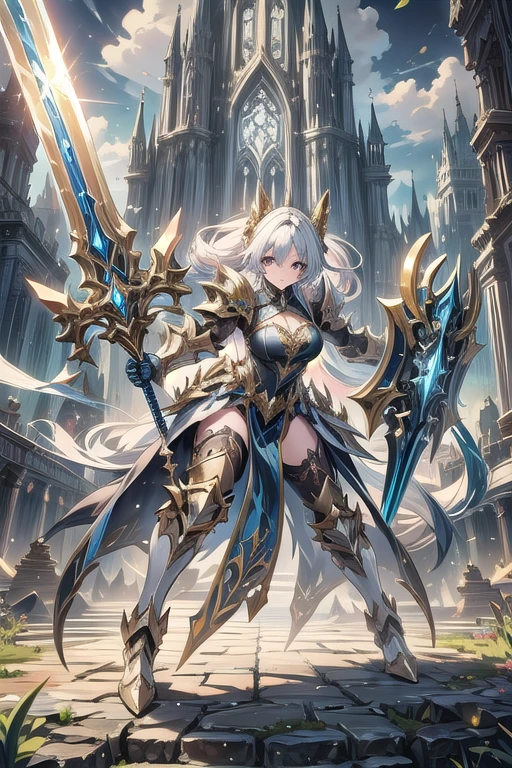 an action shot of a female fantasy game character wielding a golden and blue sword and shield, wearing white armor, heaven in background, HD, masterpiece, best quality, hyper detailed, ultra detailed,
