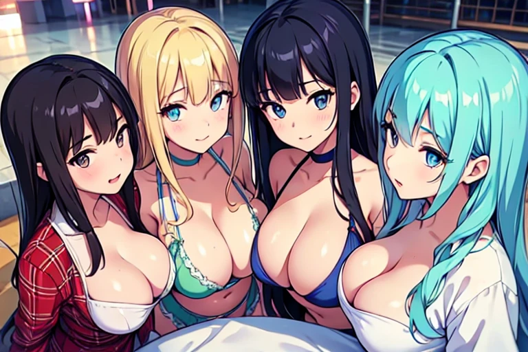 (Harem:1.2),4girls,quartet,squad,cowboyshot,pov,beautiful detailed eyes, detailed lips, long eyelashes, bright and vibrant colors, natural lighting,(best quality, 4k, highres), ultra-detailed, soft and smooth texture, no distractions, dreamlike sensation, slight bokeh effect,highlighting her figure,deformed and independented breasts,side by side,Different posing,surrounded by girls,(small breasts:0.5),Attractive girls,longing,(public facility:1.3),pajama party,on small bed,young