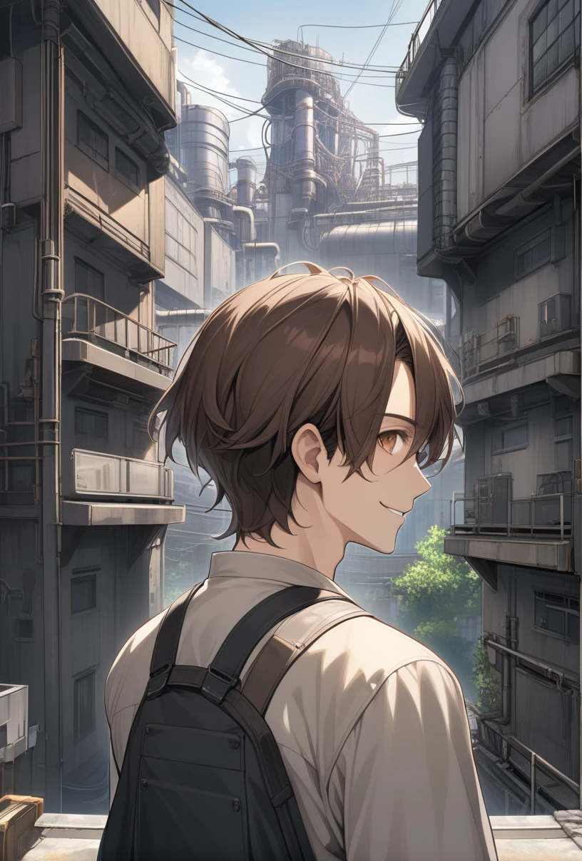 1 man in his 30s, mechanical, smile, cable, medium hair, brown eyes, brown hair, Upper body, industrial, outdoor, building, shining eyes, from behind, masterpiece, highest quality,