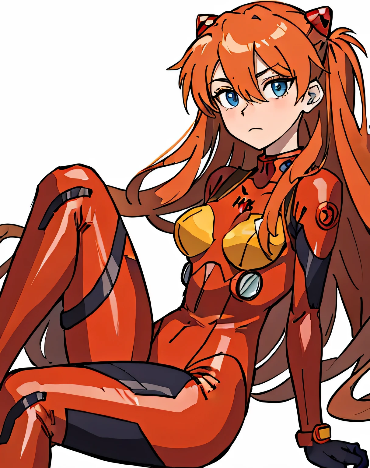 masterpiece, best quality,  ï¼souryuu asuka langleyï¼1girl, solo, plugsuit, breasts, long_hair, red_bodysuit, orange_hair, bodysuit, looking_at_viewer, white_background, medium_breasts, blue_eyes, simple_background, hair_between_eyes, sitting, interface_headset, bangs, closed_mouth