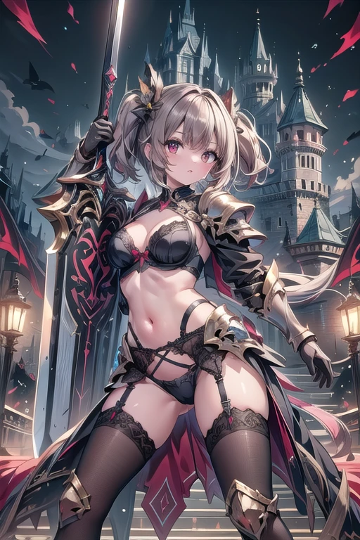 score_9, score_8_up, score_7_up, score_6_up, score_5_up, score_4_up, 1girl, fleur wearing bra and panties with garter belt & stockings, skimpy armor, defensive pose, Sword and shield, castle, red carpet, brown stone,