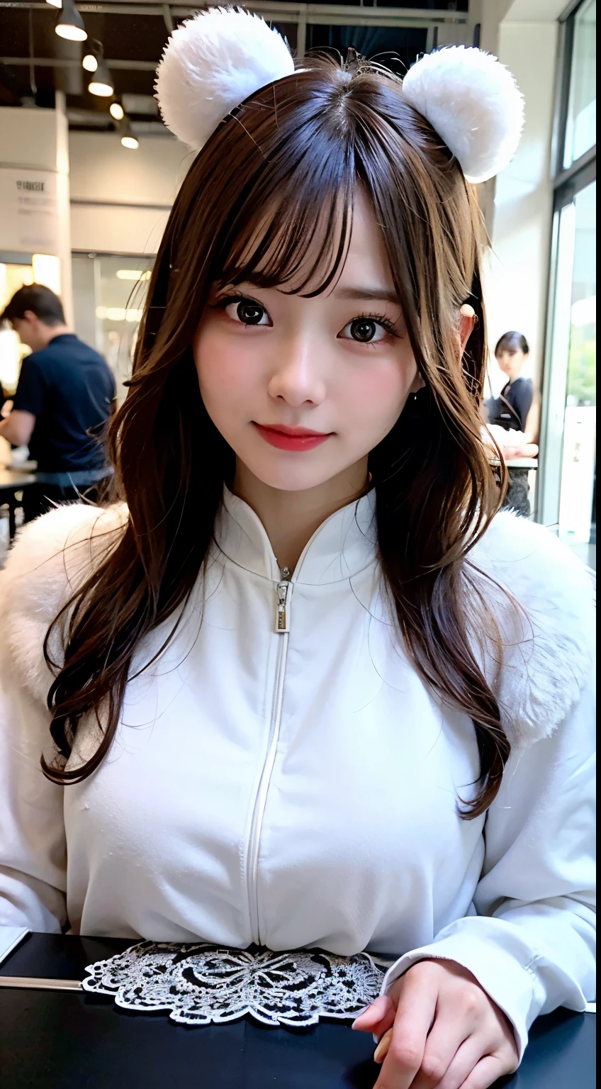 (8K, Raw photo:1.2)detailed face and eyes,最high quality, 超A high resolution, very detailed ,intricate details ,table top ,pretty girl , soft movie-like light, hyper detail,sharp focus, high quality, White rabbit costume, NSFW, bear fur