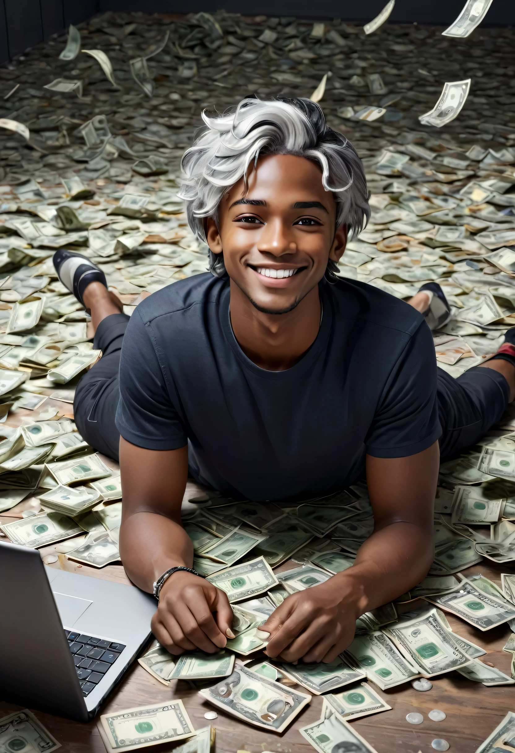 in a beautiful tech room, a handsome young man laying on the ground with a laptop, scattered dollars scraps are scattered on the floor, and the man's expression is mischievous and confident. (quality,4k,8k,highres,masterpiece:1.2),ultra-detailed,(realistic,photorealistic,photo-realistic:1.37),illustration,shredded dollars,fragile emotions,[torn paper],[dollars],[mischievous smile],[scattered dollar scraps],[ confident expression],soft lighting,clean and vibrant colors. Black skinned and silver hair