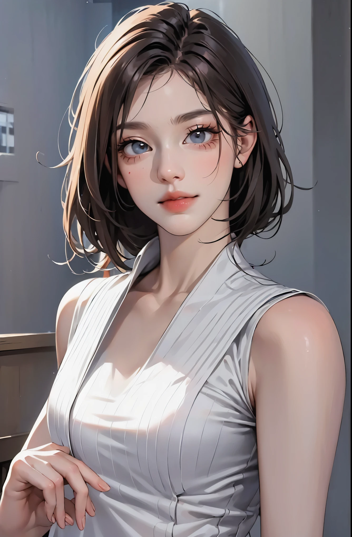 (Representative works: 1.3), (8K, realistic, RAW photo, best image quality: 1.4), (30 year old mature woman),small face, beautiful face, (realistic face),no makeup、natural makeup、light makeup、 (Dark brown, short hair: 1.3), beautiful hairstyle, realistic eyes, detailed and beautiful eyes, (realistic肌), beautiful skin, (sweater),、Bust A cup、 confused, charm, 超High resolution, Super realistic, High resolution, golden ratio, ff tifa、gray background、