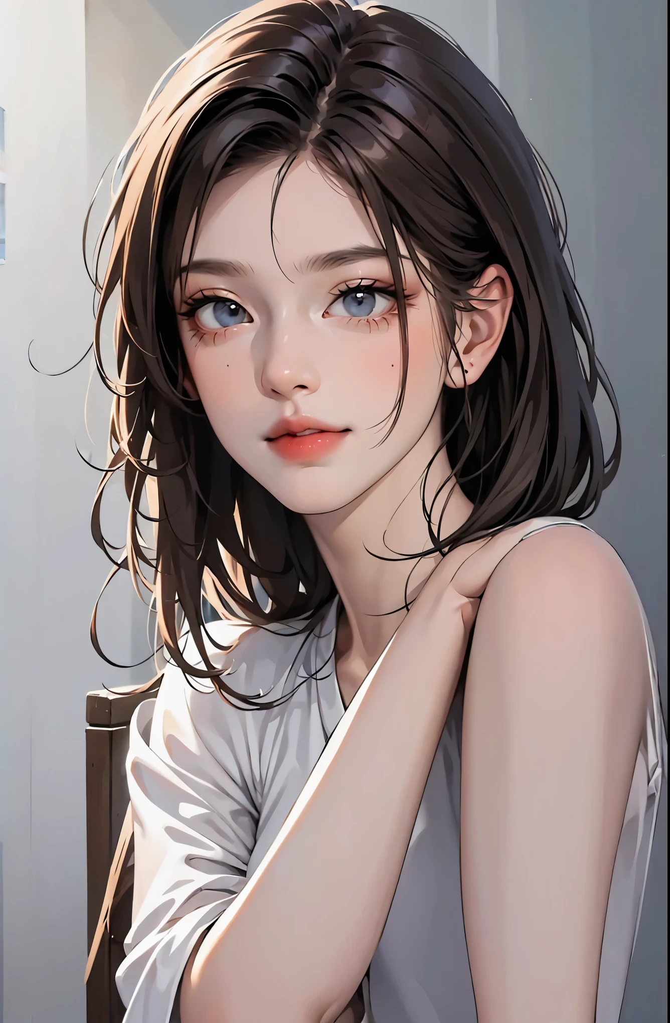 (Representative works: 1.3), (8K, realistic, RAW photo, best image quality: 1.4), (30 year old mature woman),small face, beautiful face, (realistic face),no makeup、natural makeup、light makeup、 (Dark brown, short hair: 1.3), beautiful hairstyle, realistic eyes, detailed and beautiful eyes, (realistic肌), beautiful skin, (sweater),、Bust A cup、 confused, charm, 超High resolution, Super realistic, High resolution, golden ratio, ff tifa、gray background、