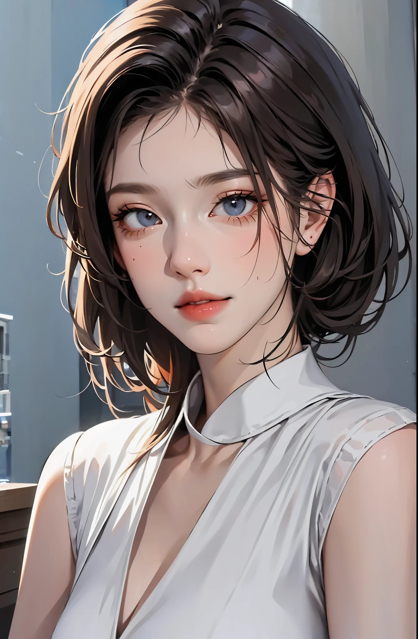 (Representative works: 1.3), (8K, realistic, RAW photo, best image quality: 1.4), (30 year old mature woman),small face, beautiful face, (realistic face),no makeup、natural makeup、light makeup、 (Dark brown, short hair: 1.3), beautiful hairstyle, realistic eyes, detailed and beautiful eyes, (realistic肌), beautiful skin, (sweater),、Bust A cup、 confused, charm, 超High resolution, Super realistic, High resolution, golden ratio, ff tifa、gray background、