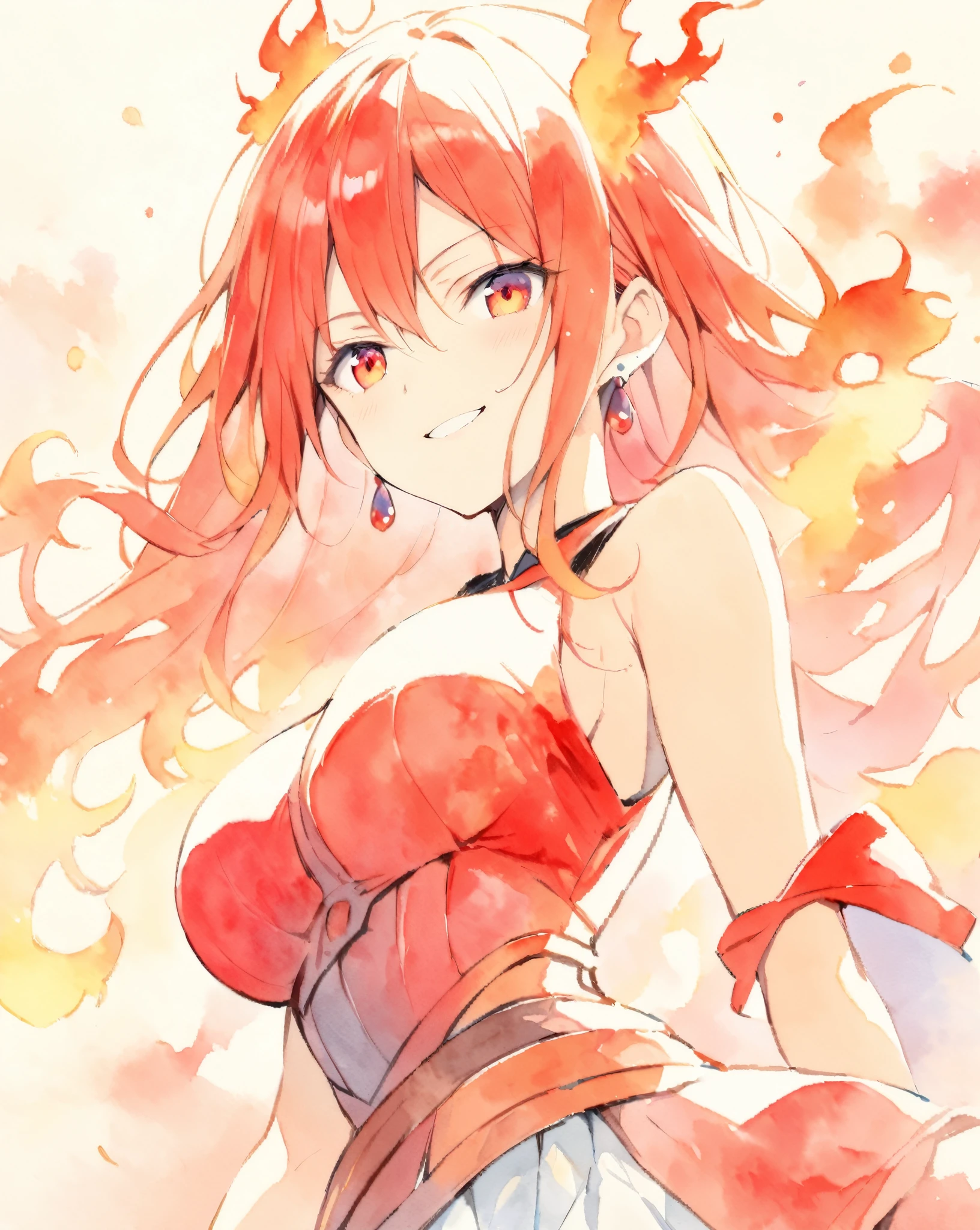 masterpiece, best quality, watercolor (medium), 1 girl, breast, alone, long hair, split, Hair fiery red, red eyes, earrings, Bangs, jewelry, skirt, bare shoulders, sleeveless, hair between eyes, 单pauldron, looking at the audience, large breast, armor, shoulder armor, sleeveless skirt, Upper body, single sleeve, white skirt, pauldron, smile