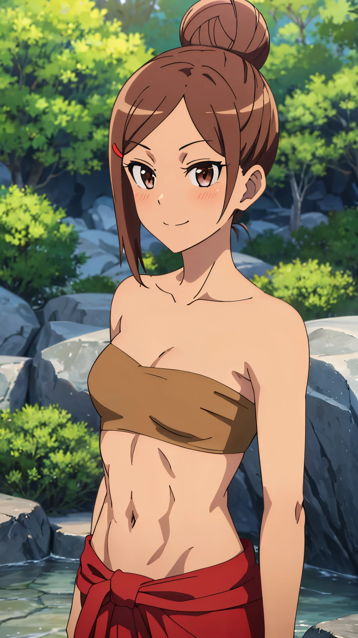 tan skin, masterpiece, highres, solo, 8k, detailed, perfect face, best quality, (ultra high quality), (looking at viewers), (armpit), collarbone, bare arms, small breast, cleavage, brown hair, bun tied hair, brown eyes, belly, stomach, navel, abs, sarashi chest, bandaged breast, (red hakama), slim body, upper body, smile, blush, closed mouth, at forest, hand up