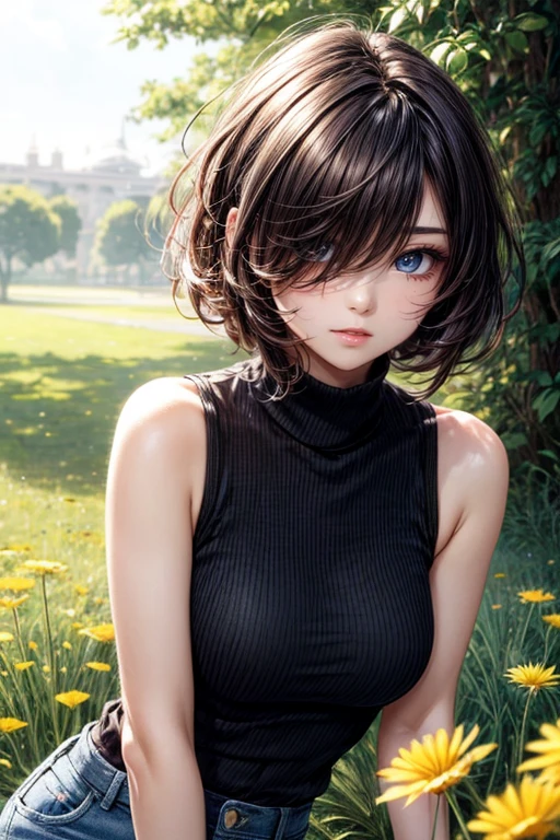 ((masterpiece)), (best quality portrait), 1female, holding a dandelion, (hair over one eye), brown pixie haircut, wearing black turtleneck sleeveless t-shirt, denim pants, in a dandelion fields, detailed beautiful eyes, detailed gorgeous face, perfect body, dynamic pose, perfect shading, intricate details, PIXIV, Krenz Cushart, (hair over one eye), brown pixie haircut,
