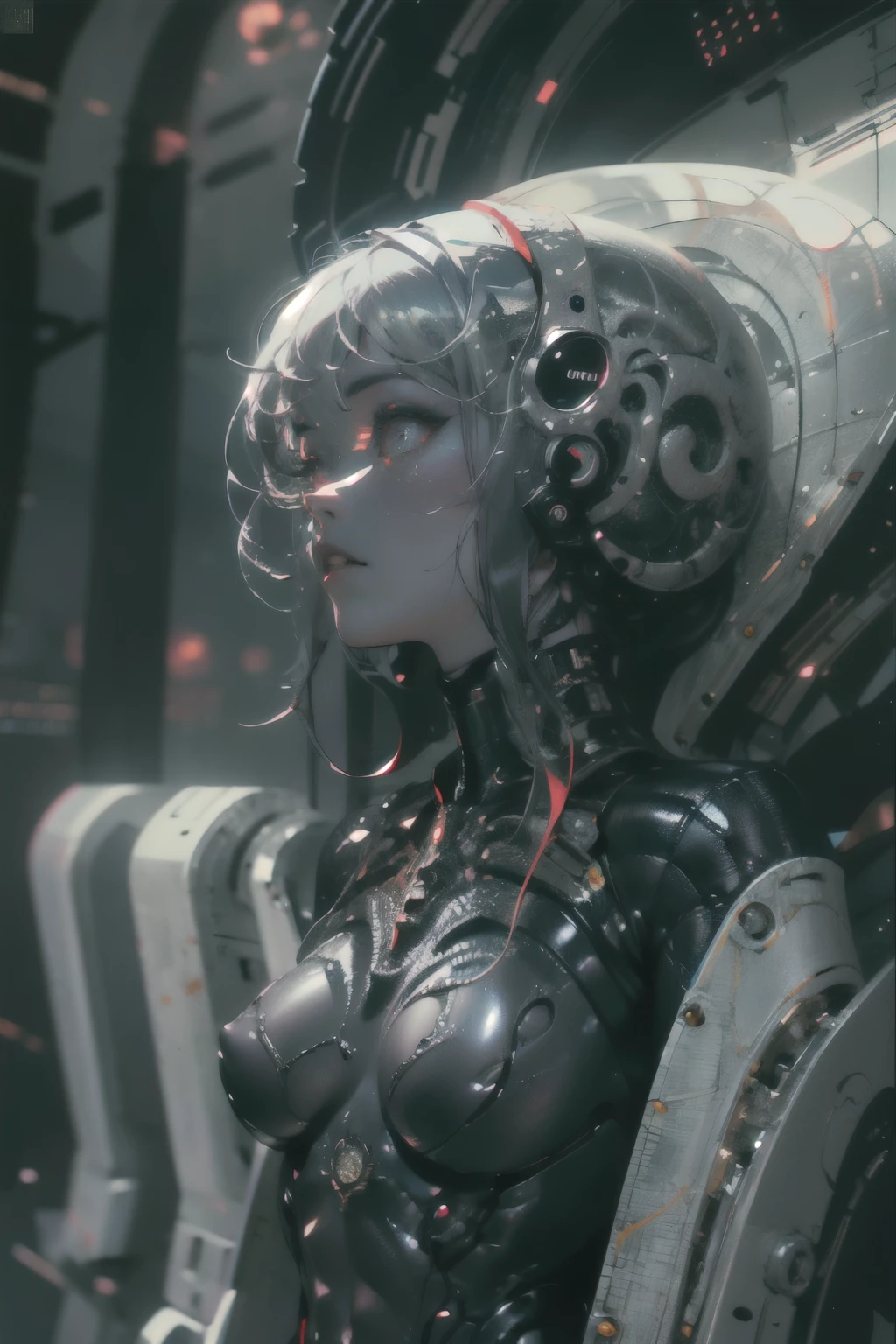 (1 girl;1.3), One , ((((full length , full length )))) (((very detailed face))), Beautiful detailed eyes, body parts, Unified Wallpaper 8K, Super detailed, Beautiful, and Beautiful. Beautiful, masterpiece, Best quality, original masterpiece, super good photo, Best quality, super high resolution, realistic realism, Портрет full length, amazing beauty, dynamic pose, gentle face, Bright eyes. (front) She wears Hr. Giger the Extra-Terrestrial, he left, Black alien archaic with red elements, latex, plastic. The backstory is very detailed, alien ship in the style of Hr. Giger the Extra-Terrestrial, High detail, dark space, Other worlds, The light of distant stars in the background, detailed detail, high quality, muffled light, gloomy environment. Frightening cinematic setting, messy and gorgeous. Girl with white skin, realistic detailed skin, visible pores, clear focus, volumetric mist near the floor, 8 k, UHD, SLR camera, high quality, granularity. bright skin, photorealism, lomography, Fantasy Dark Biopunk, Utopian reality. translucent.