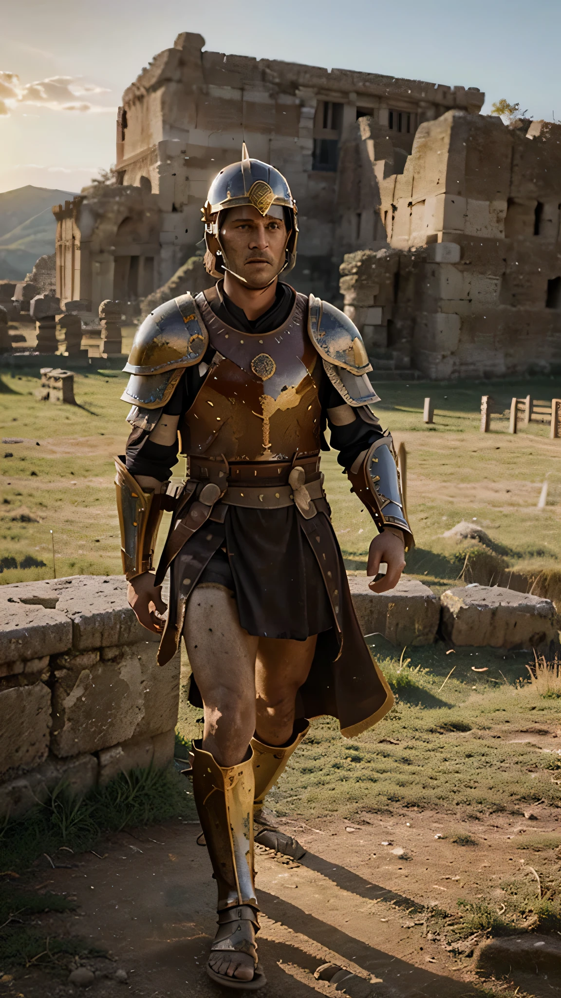 (a fearless warrior, a visionary leader of the Roman Empire), ([portraits:1.1],[vivid colors],[realistic:1.37]),(battle scenes, aged warrior, armor, helmet, robe), (sword, shield, horse), [landscape] (ancient ruins, majestic mountains), (golden sunset), (radiant sunlight)