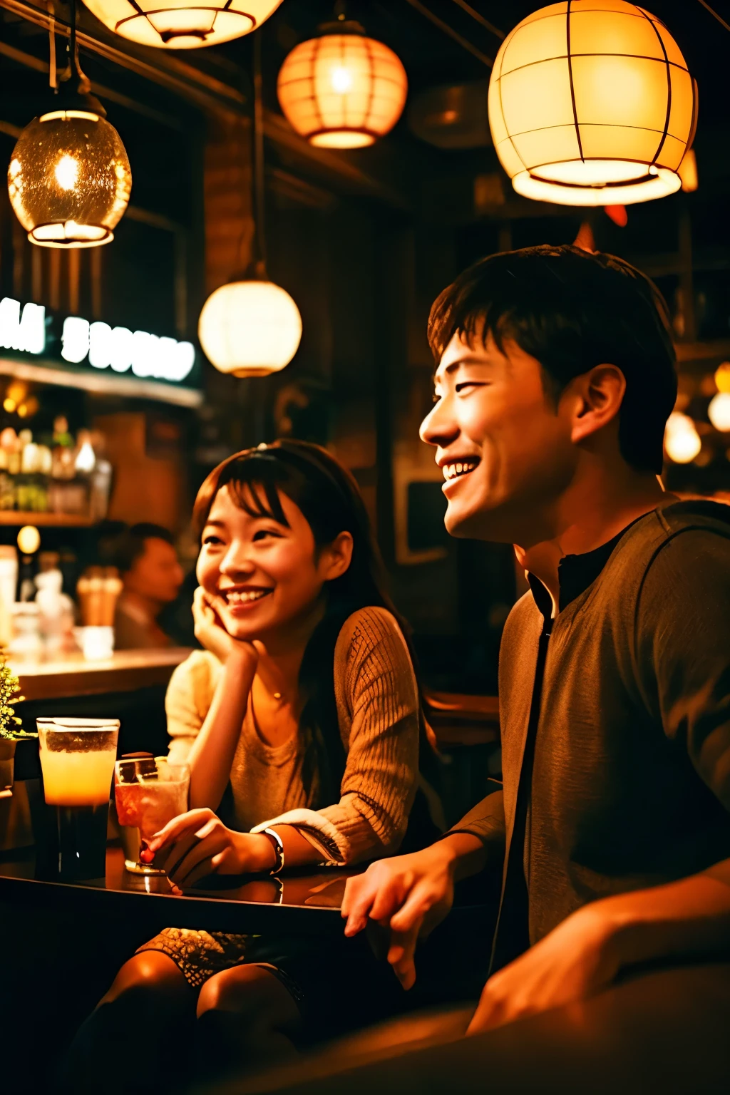 Under the warm lighting、A Japanese man and woman were sitting next to each other at the bar counter.、A scene where people are smiling and talking while looking at a smartphone app。this is、Emphasize the app's image as a natural part of nightlife