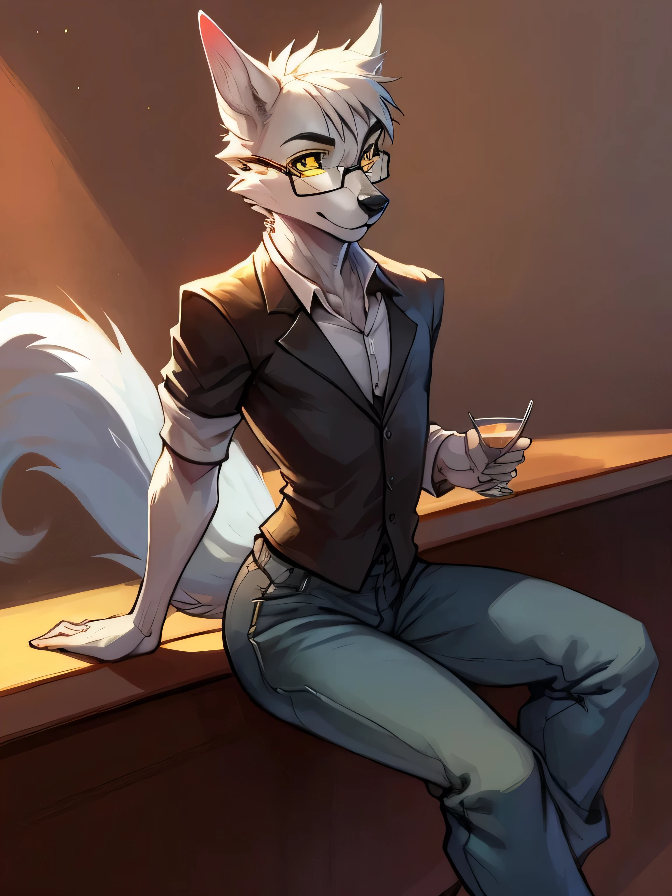 Male, arctic wolf, detailed yellow eyes, long tail, bartender, slim, sly, simple background, loose baggy jeans, sitting on bar, glasses