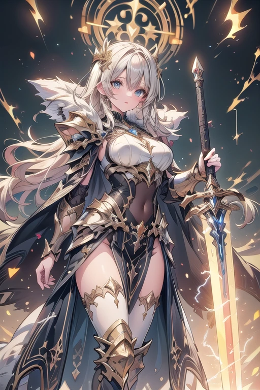 super realistic image, high quality uhd 8K, of (1 god girl, Hilyn), detailed realistic ((athletic body, high detailed)), ((tall model)), (skinny waist), ((beautiful bright blonde long hair)), ((no beard)), high detailed realistic skin, (((powerful and fantastic full armor, divine golden fantasy armor))), (((casting lightning magic spells with great golden fantasy sword))), ((white fur cape)), ((magical hearts of light)), (in guardian position, in the valhalla), real vivid colors, standing