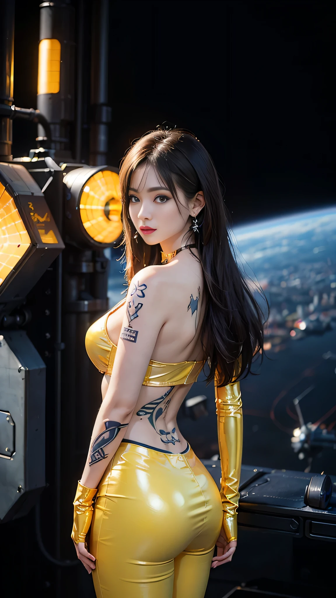((masterpiece:1.4)、(highest quality:1.4)、(realistic:1.7))、master piece:1.4、(Finest rendering:1.4)、(Yuki, the beautiful navigator of Space Battleship Hikari:1.4)、Super beautiful navigator Yuki、(Written by Luis Royo:1.4)、(Uniforms that highlight your beautiful style:1.2)、(Futuristic sci-fi battle fashion:1.2)、(street style wear)、(tight fit pants)、(Luxurious shiny latex:1.4)、(luxury yellow latex:1.4)、19 years old、(cute tattoo:1.4)、(wearing yellow gloves)、cute girl、Super beautiful、(seductive pose)、sharp focus、portrait photography:1.4、8k、realistic photo images:1.4、(perfect female body:1.4)、perfect proportions、(standing:1.4)、(Upper body photography:1.4)、beautiful face、fearless look、beautiful eyes、(A girl with a beautiful body that emphasizes her slender abdominal muscles)、narrow waist:1.4、(9 life size beautiful style girl:1.4)、(Beautiful girl with long legs and good style:1.4)、beautiful feet、(long hair:1.2)、dark makeup、eye shadow、Glow eye、glow lip、beautiful breasts、big breasts:1.2、sexy butt、(standing facing forward:1.4)、Raw photo、red lips、yellow high heels:1.4、choker:1.4、necklace:1.4、earrings:1.4、1 screen display、Space Battleship Hikari's bridge:1.2