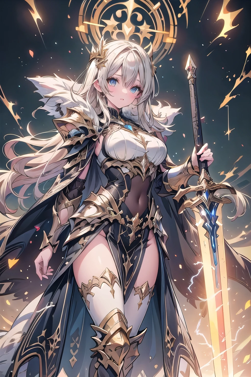 super realistic image, high quality uhd 8K, of (1 god girl, Hilyn), detailed realistic ((athletic body, high detailed)), ((tall model)), (skinny waist), ((beautiful bright blonde long hair)), ((no beard)), high detailed realistic skin, (((powerful and fantastic full armor, divine golden fantasy armor))), (((casting lightning magic spells with great golden fantasy sword))), ((white fur cape)), ((magical hearts of light)), (in guardian position, in the valhalla), real vivid colors, standing
